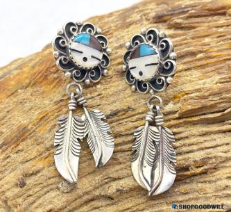 .925 Zuni Style Sunface Inlay & Feather Earrings 6.32g