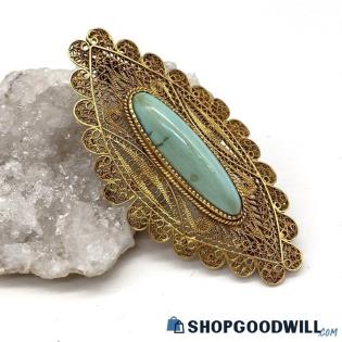 Vintage 14K & 10K Yellow Gold Turquoise Filigree Brooch 6.95g