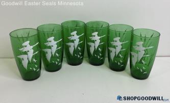 6PC Anchor Hocking Wild Geese Emerald Green Glass Cups