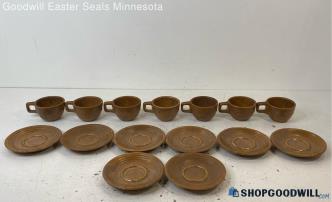 15pc Monmouth Pottery Style Brown Black Speckled Cups & Saucers