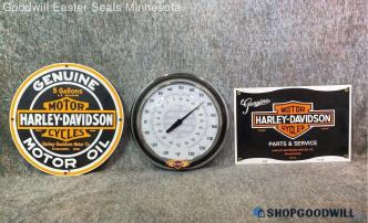 3 Harley Davidson Motor Oil Sign Clock Thermometer Motorcycle Ad Decor Untested