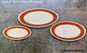 3 Vtg Red Gold Tone Detailed 9" 12" 16" Oval Serving Platters Plates Tableware