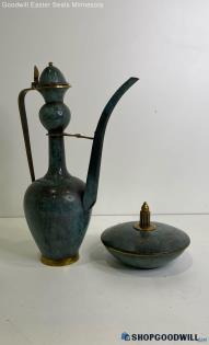 Pal-Bell Green & Bronze Etched Pitcher & Lidded Bowl