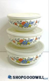 Set Of 3 Vintage Kobe Kitchen Enamel Floral Nesting Bowls W/ Plastic Cover Lids