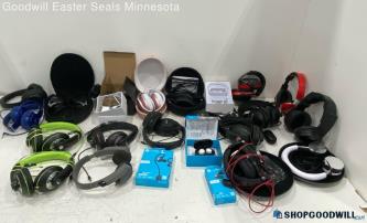 Grab Box Lot Of Various Headphones, JLab, MPow, Sony & More