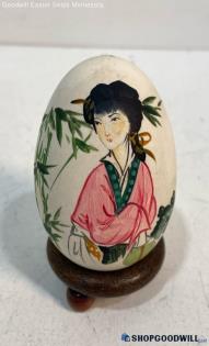 Vintage Japanese Asian Hand Painted Eggshell With Wood Stand Art