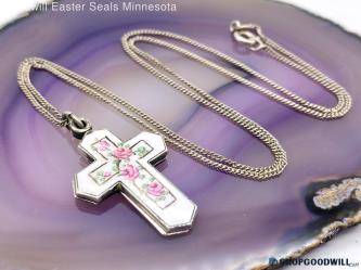 .925 Vintage Enamel 3-Way Scapular Cross Slide Pendant Necklace 7.51g