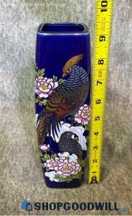 9" Signed East Asian Exotic Bird & Peony Flowers Wildlife Nature Blue Vase Decor