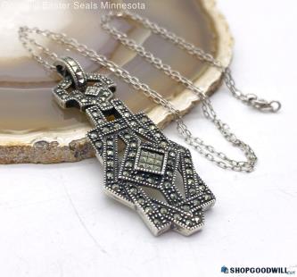 .925 Vintage JUDITH JACK Art Deco Marcasite Pendant Necklace 8.86g