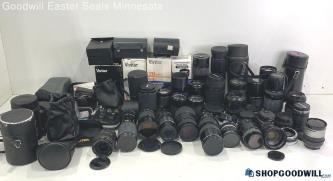 24lb lot of camera accessories lens -Vivitar, Canon, Soligor+ Untested