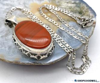 .925 Red Agate Cut Out Pendant on Fancy Chain Necklace 21.31g