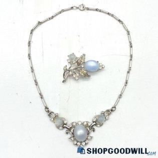 Vintage CORO Blue Moonstone & Rhinestone Necklace & Brooch Set