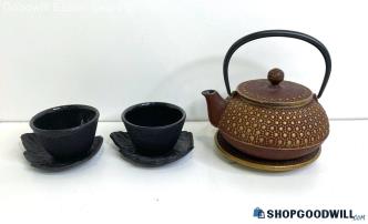 6PC Japan Cast Iron Tea Cups, Saucers & Tea Pot