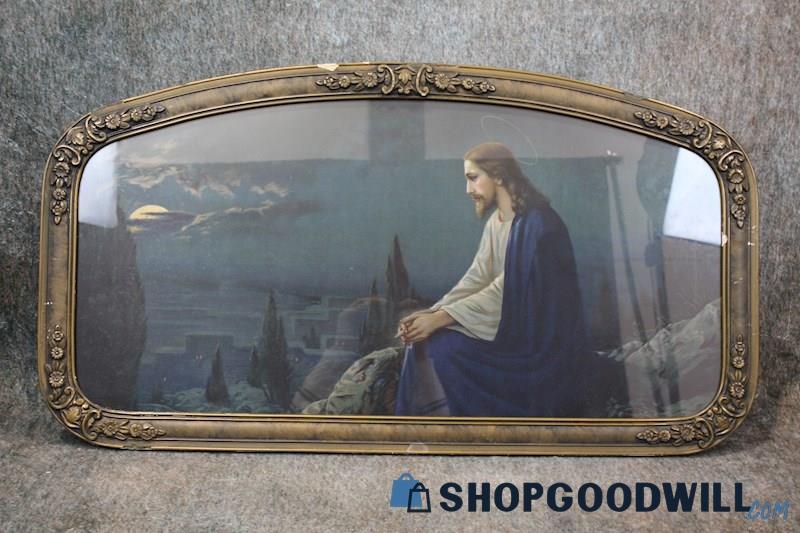 Framed VTG Jesus Christ Mount of Olives Night Print Unsigned Religious Art Decor