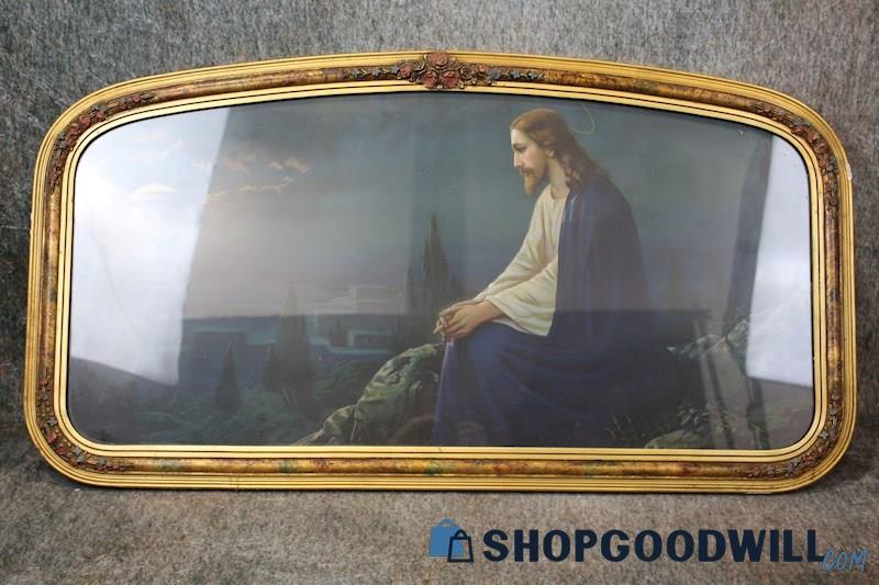 Framed VTG Jesus Christ Mount of Olives Night Print Unsigned Religious Art Decor