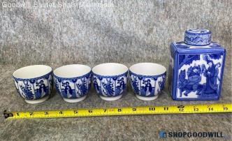 5 Blue White East Asian Chinese Garden Royal God Maiden Tea Cups Jar Home Decor