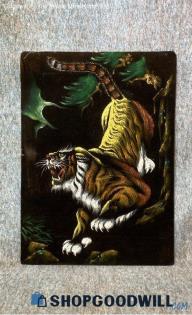 Rude Awakening Of The Tiger Vtg 12.5"x17" Big Cat Wildlife Black Velvet Painting