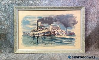 WJ Quinlan Ferry Riverboat Paul Norton City Seascape Vtg Print Framed Decor Art