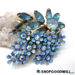 Vintage Blues Pressed Glass, Rhinestone & Enamel Floral Brooch