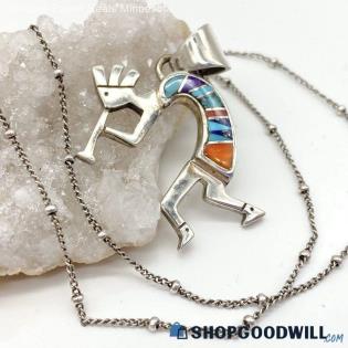 .925 Signed TSF Stone Inlay Kokopelli Necklace 7.88g