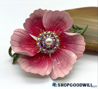 Vintage LISNER Painted Rhinestone and Faux Pearl Flower Brooch