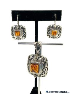 .925 SILPADA Square Amber Pendant + Earring Set 19.37g