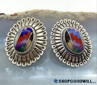 .925 Signed "QT" Southwest Style Inlaid Stone Opal Earrings 6.34 grams