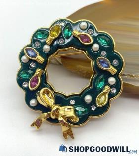 Wreath with Christmas Lights Enamel Brooch