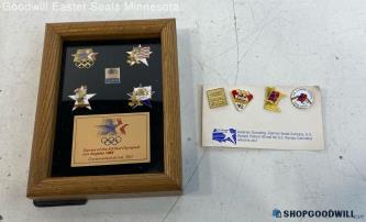 Framed Los Angeles 1984 Olympics Commemorative Pins Plus 4 Newer Pins 8"x6"x2"