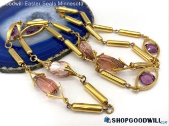 Vintage Gold-Tone FREIRICH Pink Glass/Stone Bar Link Necklace