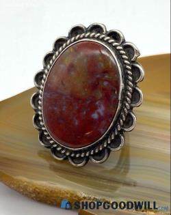 .925 Vintage Red Moss Agate Oval Statement Ring 12.44 grams Size 5