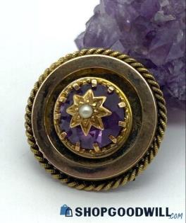 Gold Filled Vintage Small Amethyst and Seed Pearl Pin 3.71 grams