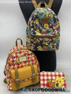 Lot of 2 Loungefly Pokemon Pikachu Picnic/Floral Red/Blue Backpack Handbag/Purse