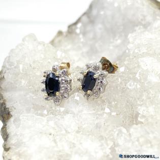 10K Two-Tone Gold Sapphire Diamond Accent Stud Earrings 1.28g