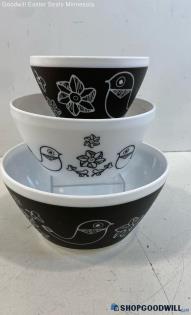 Pyrex White & Black Birds Of A Feather Vintage Charm Complete 3 Piece Bowl Set