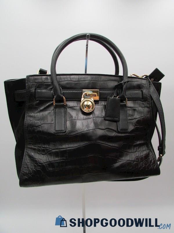 Michael Kors Hamilton Black Croc Embossed Leather Satchel Handbag Purse