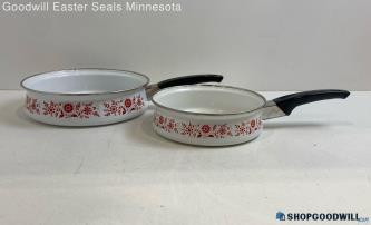 2pc 8" & 10" Enamel Saute Pan Pot Red Amish Farmhouse Cookware