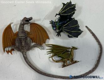 3 Dragon Figures Black/Green & Brown W/Long Tail Mixed Lot