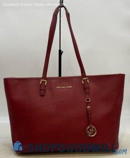 Michael Kors Travel Jet Set Red Burgundy Tote Womens Saffiano Leather