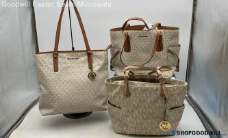 Lot Of 3 Michael Kors Jet Set/Voyager Signature Vanilla Coated Canvas Totes