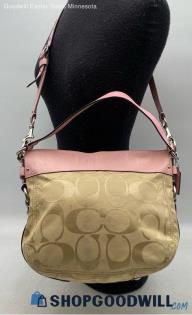 Coach Zoe Signature Khaki/Pink Canvas/Leather Hobo Bag/Crossbody Handbag/Purse