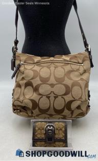 Coach Signature Brown/Khaki Jacquard Canvas Hobo Bag/Crossbody & Wallet