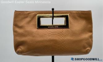 Michael Kors Berkley Camel Brown Snake Skin Embossed Leather Clutch Handbag