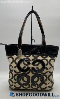 Coach Audrey Signature Op Art Black/Vanilla Canvas/Leather Trim Slim Tote Bag