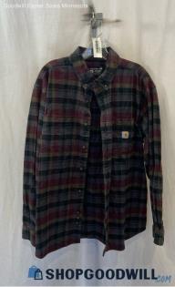 Carhartt Men's Gray/Burgundy Plaid Button Up Relaxed Fit Flannel - Sz XL