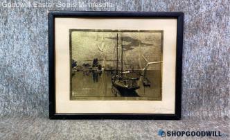 Lionel Barrymore "Quiet Waters" 7.5x6 Vtg Boat Sea Gold Tone Foil Etching Framed