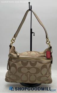 Coach Daisy Signature Khaki/Pink Metallic Outline Jacquard Canvas Hobo Bag