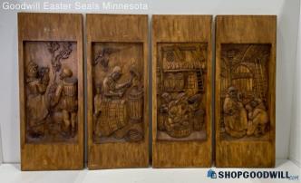 x4 Hand Carved Wooden European Folk Art Panels Depicting "Winemaking" PICKUP