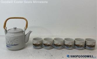 7pc Made in Japan Tea Pot & Cups Seagulls & Lighthouse Design