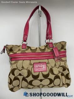 Coach Poppy Daisy Khaki/Pink Tote Shoulder Bag Jacquard Canvas Handbag/Purse